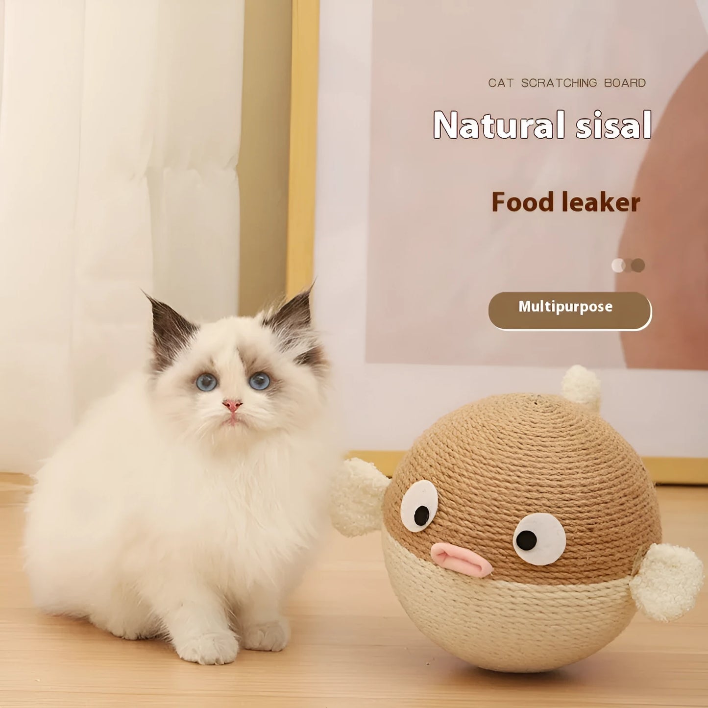 A 15cm sisal hemp cube pet toy with a puffer leakage food feeder design for dogs and cats.