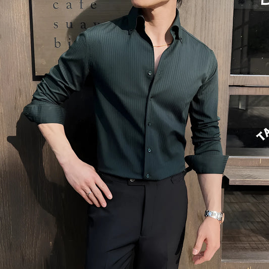 Men's dark stripes V-neck long sleeve cardigan shirt in regular fit for spring and autumn leisure wear