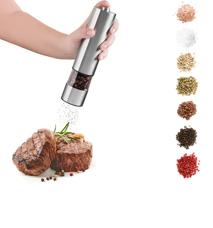 Silver stainless steel electric salt and pepper grinder with one-handed operation button