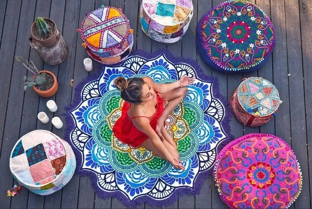 Retro ethnic round yoga mat with tassels, 150cm diameter, made from polyester and polyamide fiber