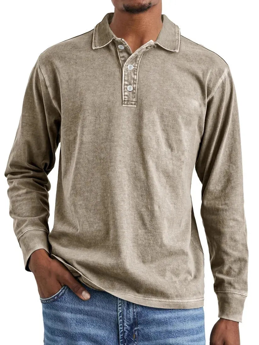 Retro washed distressed cotton lapel long sleeve polo shirt in various colours and sizes