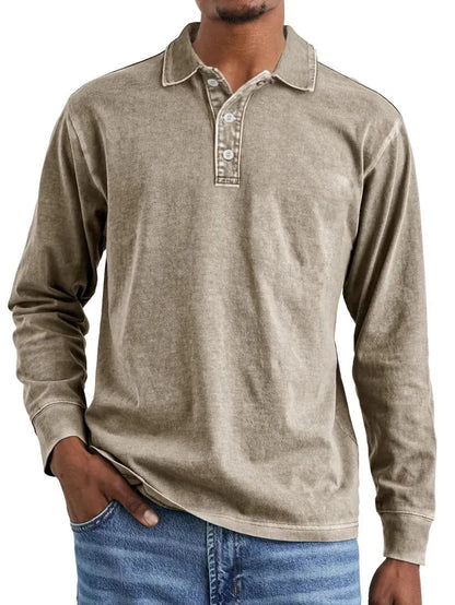 Retro washed distressed cotton lapel long sleeve polo shirt in various colours and sizes