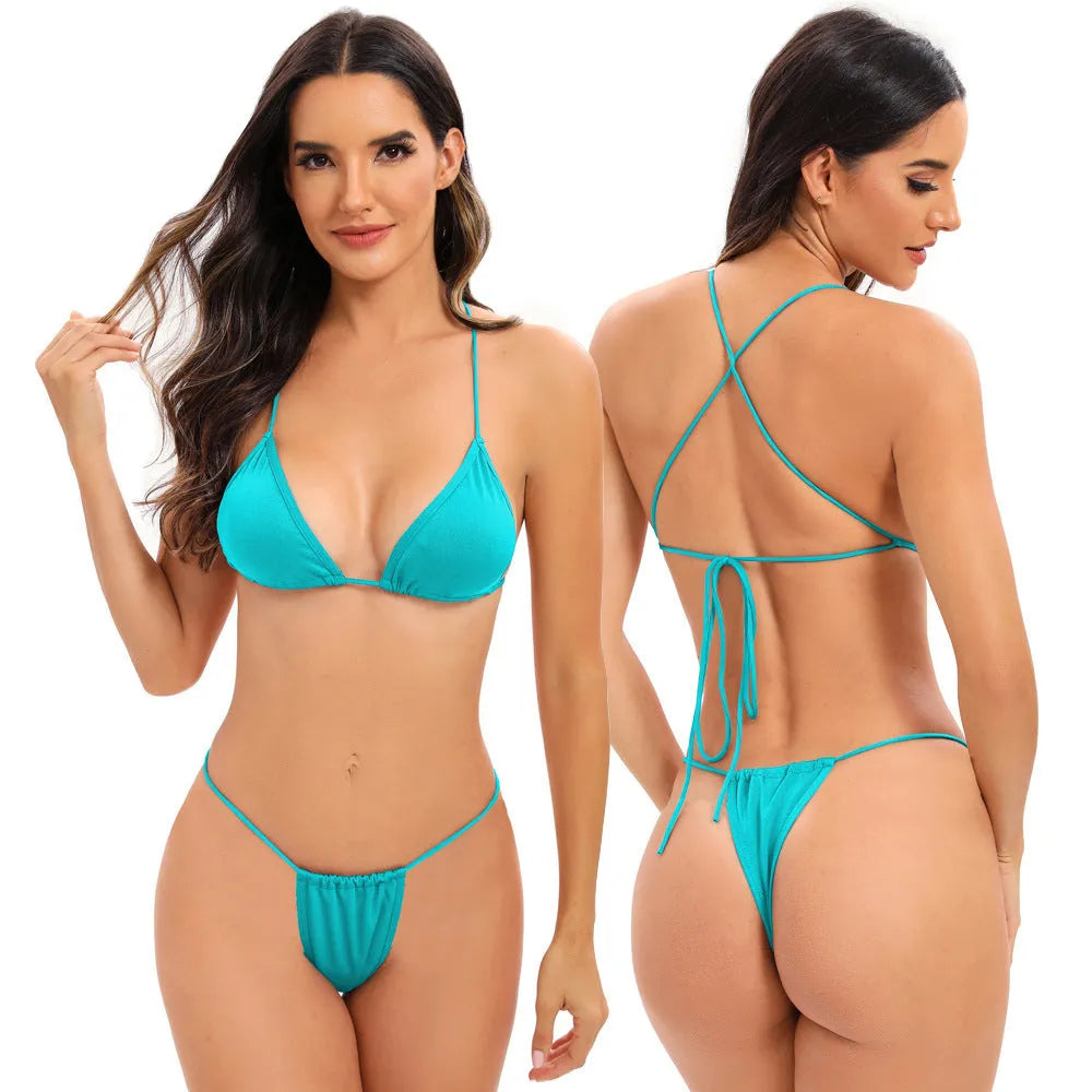 Women's candy coloured cross strap split swimsuit with multiple adjustable straps