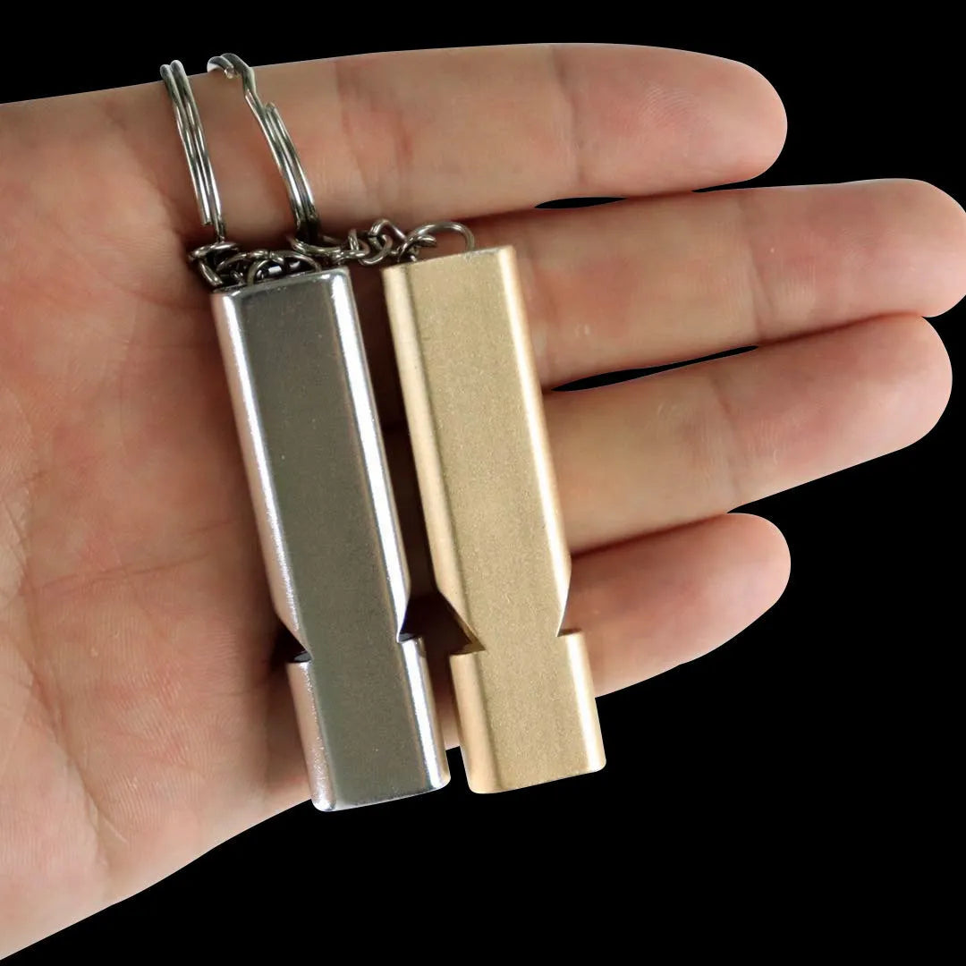 Double hole high-frequency aluminium alloy outdoor whistle in silver or gold for survival and camping