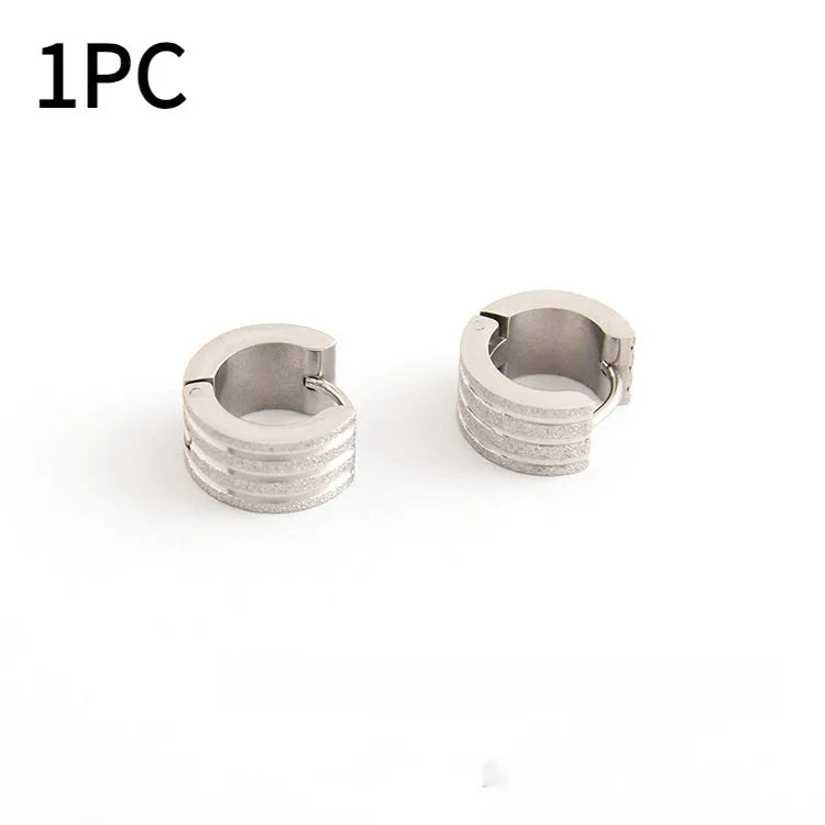 Geometric titanium steel earrings with frosted three-line design in black, gold, and steel colour finishes