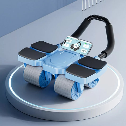 Abdominal Wheel with Automatic Rebound and APP for fitness tracking, blue color, four wheels