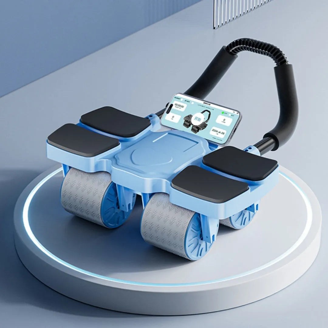 Black abdominal wheel with four polypropylene wheels and automatic rebound mechanism for core exercises