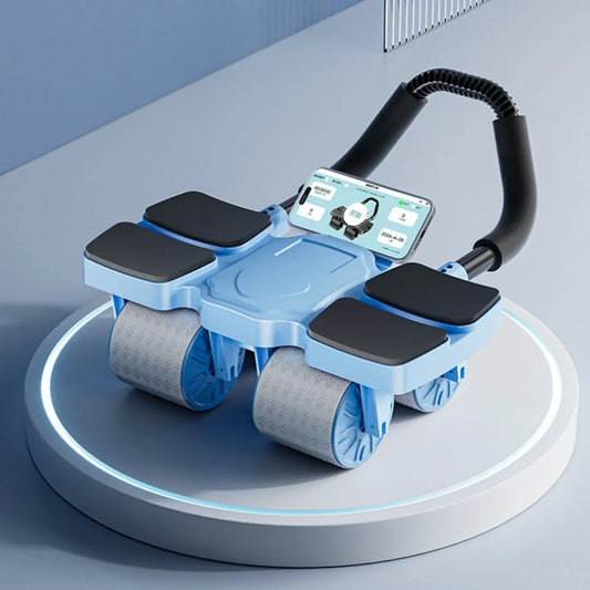 Black abdominal wheel with four polypropylene wheels and automatic rebound mechanism for core exercises
