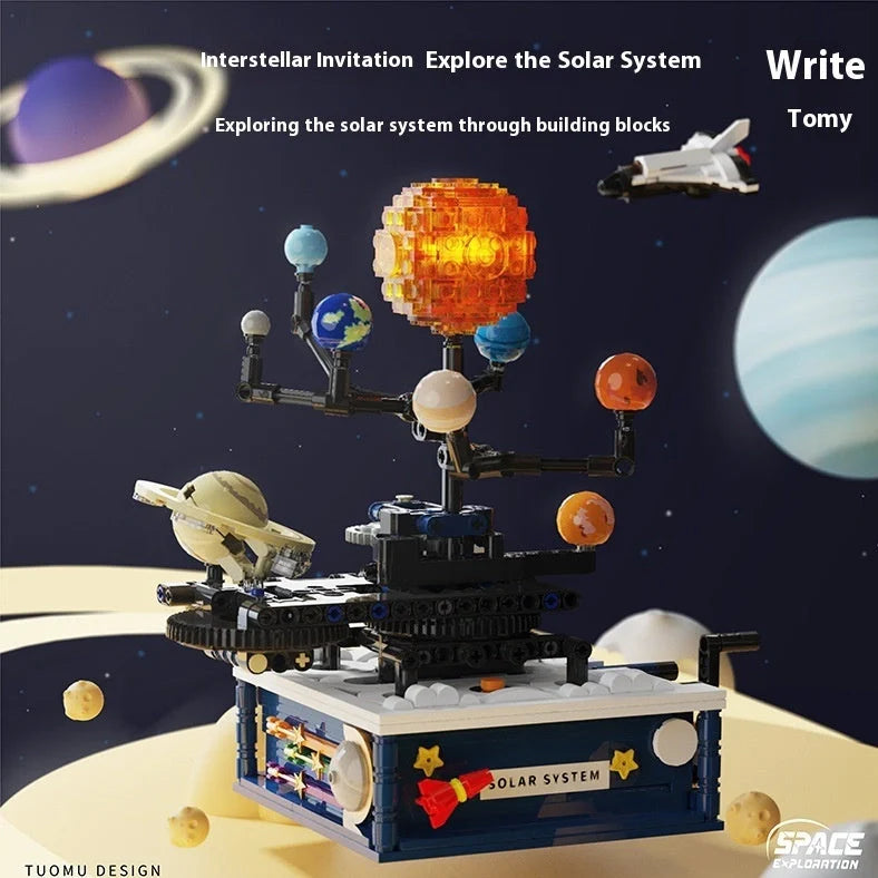 Electric building blocks solar system model with rotating Earth instrument and flashing LED lights assembled from 200+ ABS plastic pieces