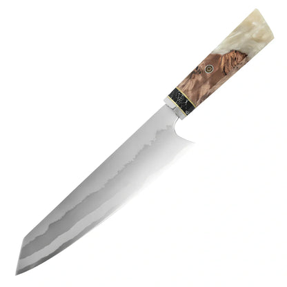 Stainless steel chef knife with 20cm blade and resin handle featuring turquoise stone inlays