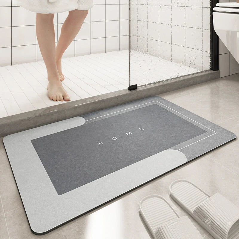 Plush bath mat with rectangle or oval design in various colors and sizes for bathrooms with sliding doors
