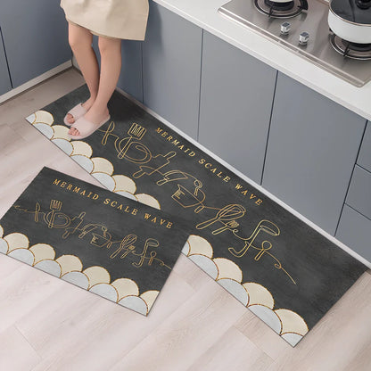 Rectangular polyester kitchen floor mat with machine-woven texture in modern design