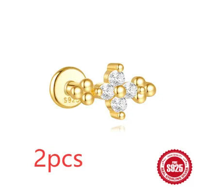S925 sterling silver moon and star earrings with embedded diamond accents on a geometric design