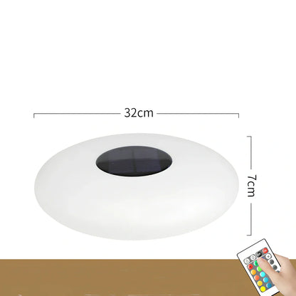 White solar lawn light with UFO design for garden illumination, 300mm diameter with remote control