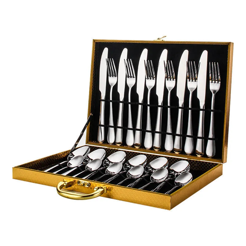 24-piece stainless steel cutlery set in gold, rose gold, black and colourful finishes.