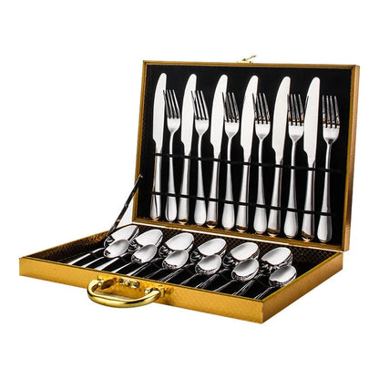 24-piece stainless steel cutlery set in gold, rose gold, black and colourful finishes.