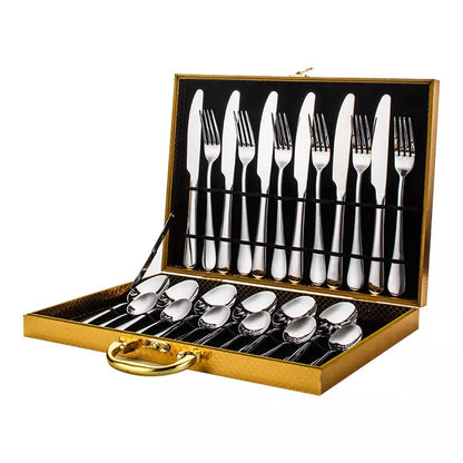 Stainless steel 24-piece tableware set with knives, forks, and spoons in rose gold, black, and gold