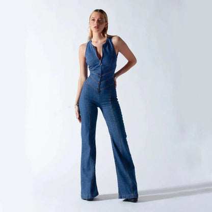 Women's summer slim heart-shape backless denim jumpsuit with halter neck in blue, red, and white