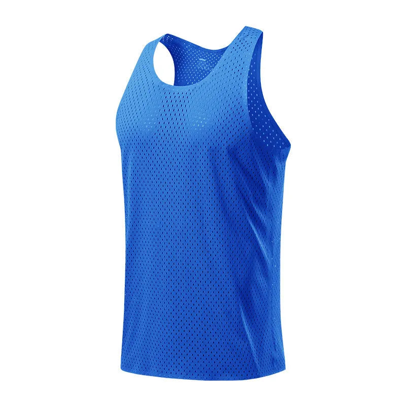 Men's solid colour quick-dry sleeveless sports vest in polyester on a neutral background.