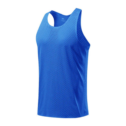Men's solid colour quick-dry sleeveless sports vest in polyester on a neutral background.