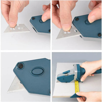 Blue aluminium alloy woodworking cutter with a one-press lock and integrated measuring scale.