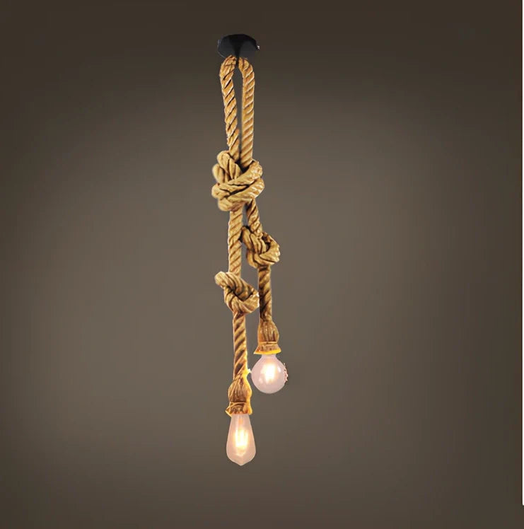 Industrial hemp rope chandelier with LED lighting and grass vine construction in retro design