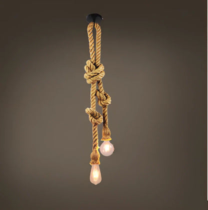 Industrial hemp rope chandelier with LED lighting and grass vine construction in retro design