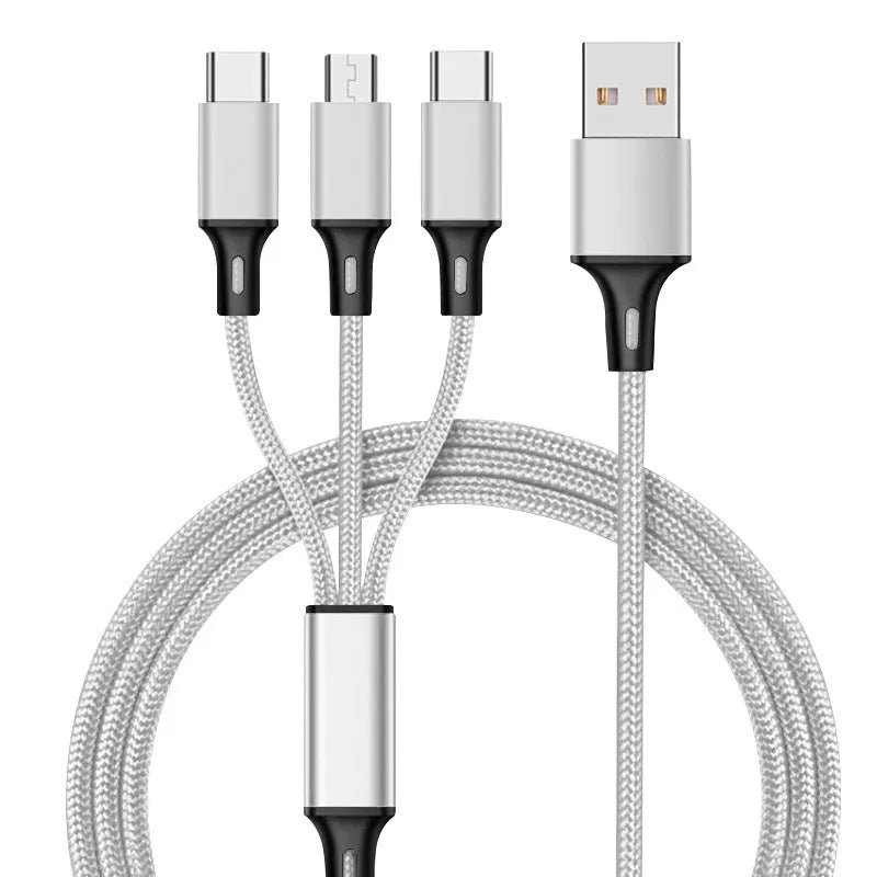 Three-in-one charging cable with nylon braid in red, blue, gold, black, silver, and rose gold colour options.