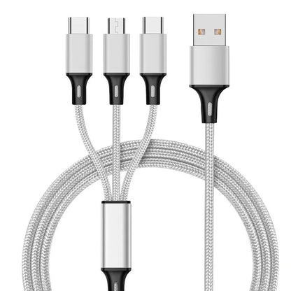 Three-in-one charging cable with nylon braid in red, blue, gold, black, silver, and rose gold colour options.