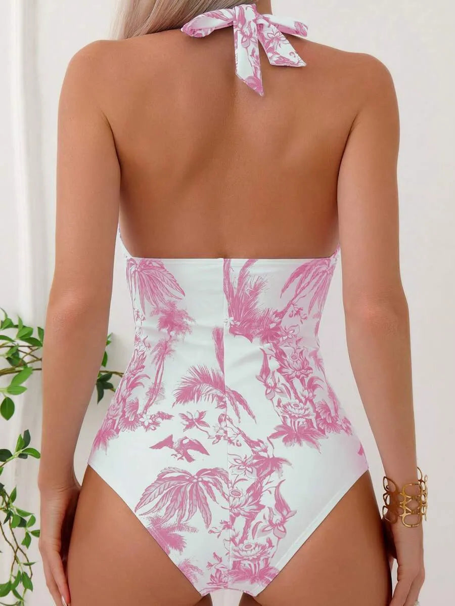 Women's V-neck printed one-piece swimsuit in multiple colour options