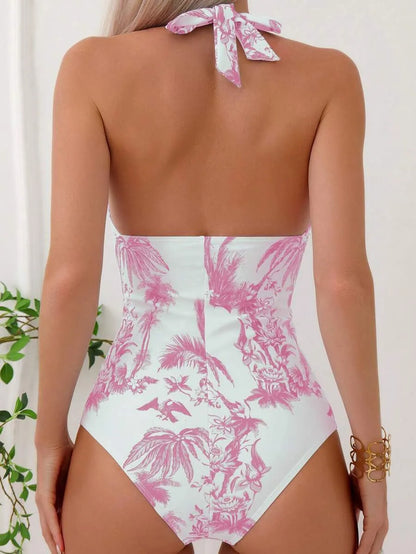 Women's V-neck printed one-piece swimsuit in multiple colour options