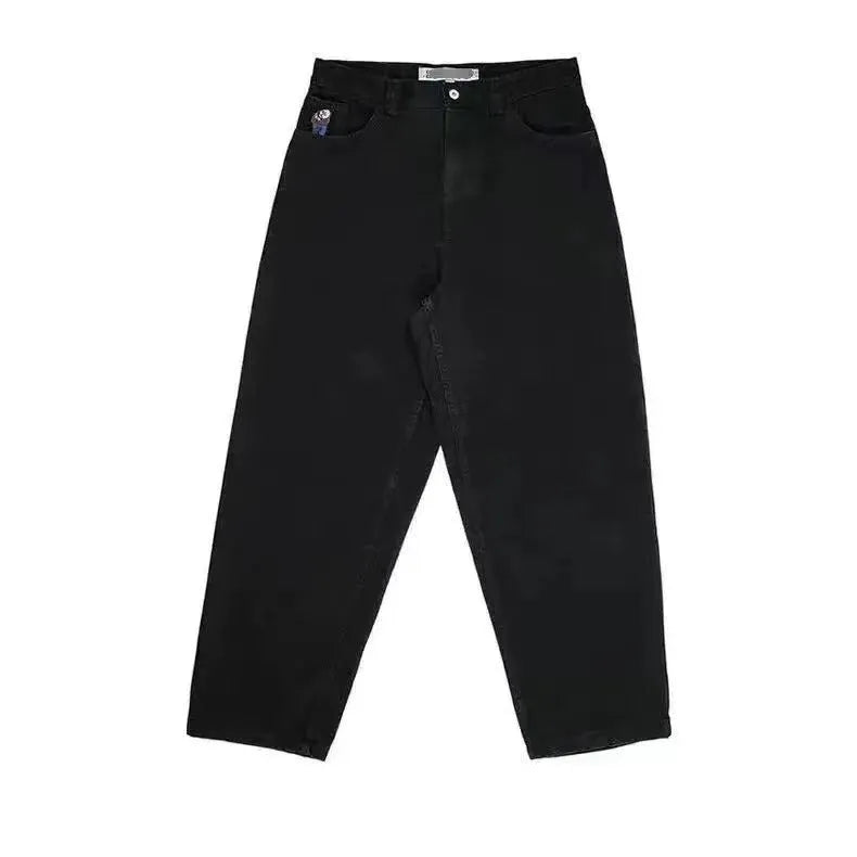 Men's retro straight-leg denim trousers with printed patterns in dark blue colour