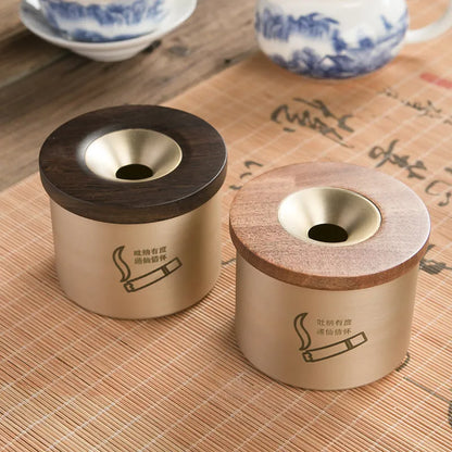 Creative retro brass ashtray with wooden lid on blackwood or rosewood, solid copper body, central hole design