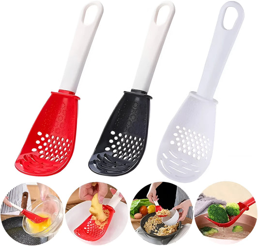 Red plastic multifunctional cooking spoon with serrated edge for grinding and half-enclosed scoop design
