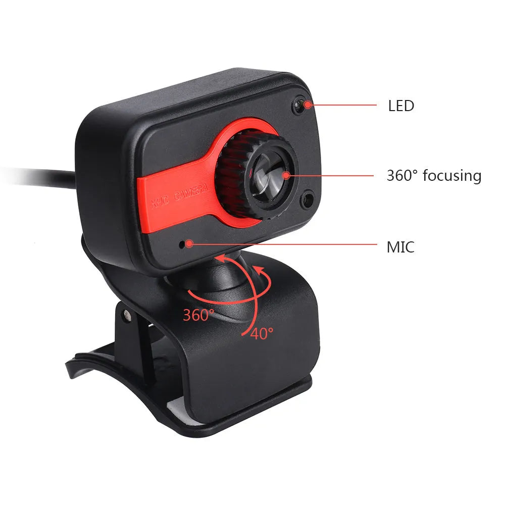 Blue, red, or white mini USB webcam on a stand with a 360-degree rotating head and manual focus adjustment.