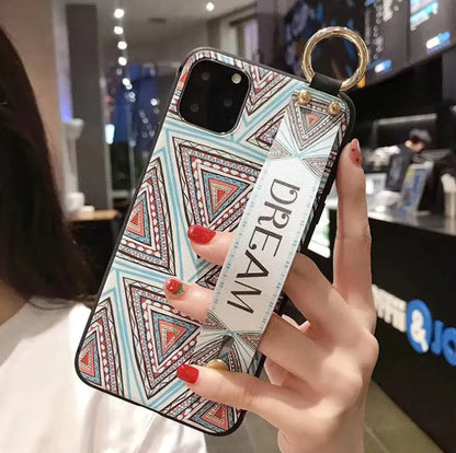 Rose flower printed iPhone case with wrist strap loop, compatible with iPhone 7 to 11 Pro Max models