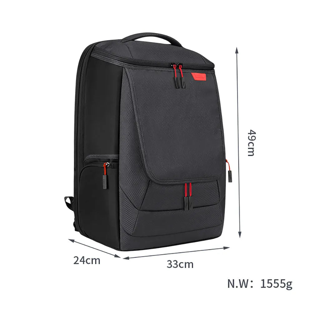 Black nylon game console storage bag for PS5 and games kit, 49 x 33 x 24cm, sewn construction