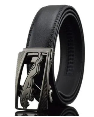 Men's black leather belt with automatic buckle mechanism showing 3.5cm width