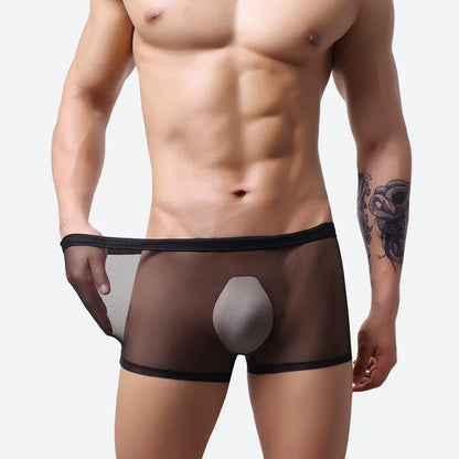 Men's thin sheer mesh boxer briefs in multiple colours on a white background.