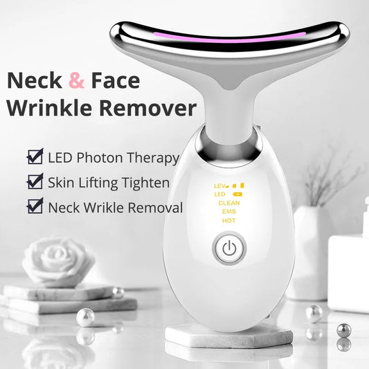 EMS thermal neck massager with LED lights, USB cable, and moisturiser for skin tightening and wrinkle removal
