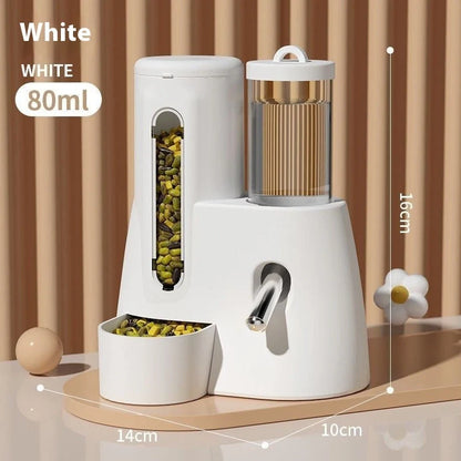White hamster automatic water feeder with integrated food basin showing separate compartments