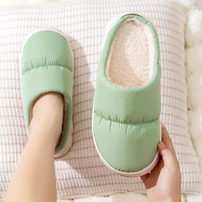 Down cotton slippers with artificial leather upper and rubber anti-slip sole in blue colour