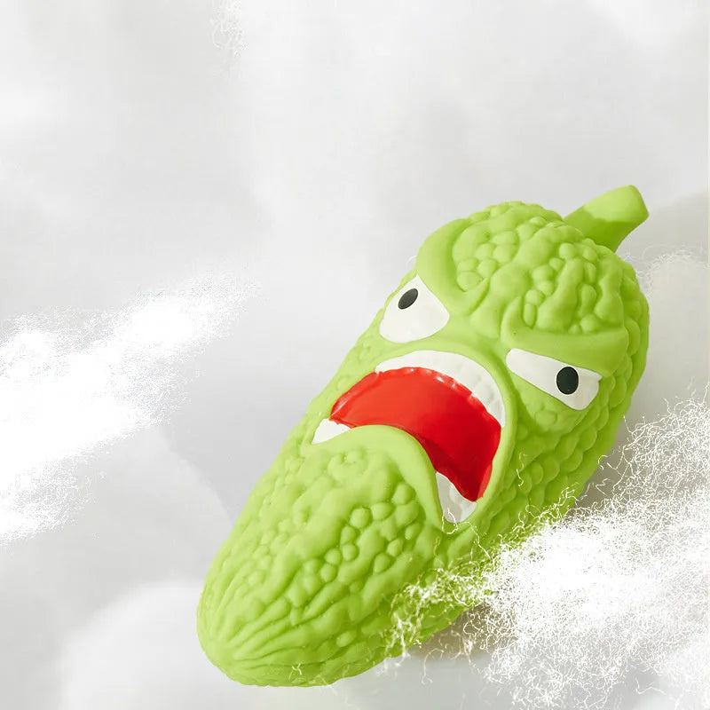 Bitter Gourd and Chili shaped dog toys with bite-resistant surfaces for teeth grinding.