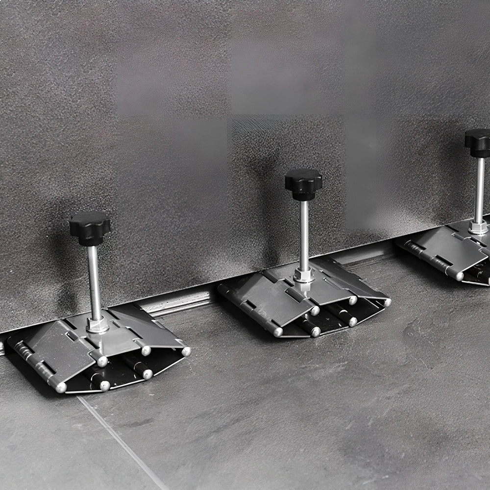 Metal tile levelling tool with hinge mechanism for height adjustment during installation