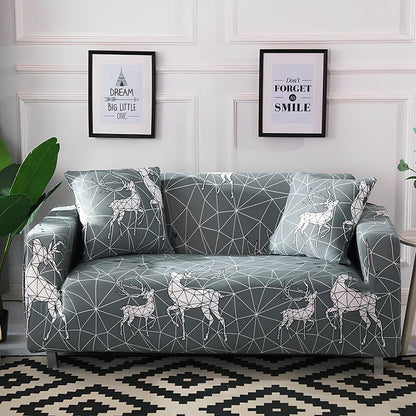 Printed geometric pattern sofa cover on double seat sofa measuring 145-185cm with spill protection