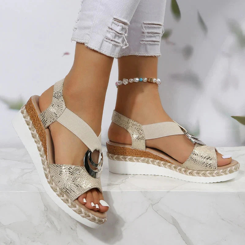 Women's Peep Toe Serpentine Wedges Sandals with unique circle design in various colors