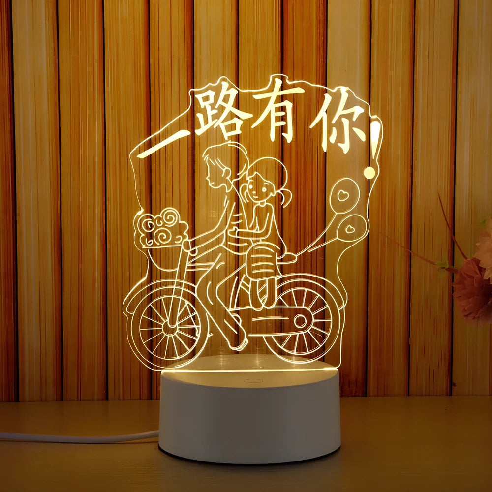 Creative USB bedside night light with acrylic castle scene, 20x17.5cm size, touch control for three light modes