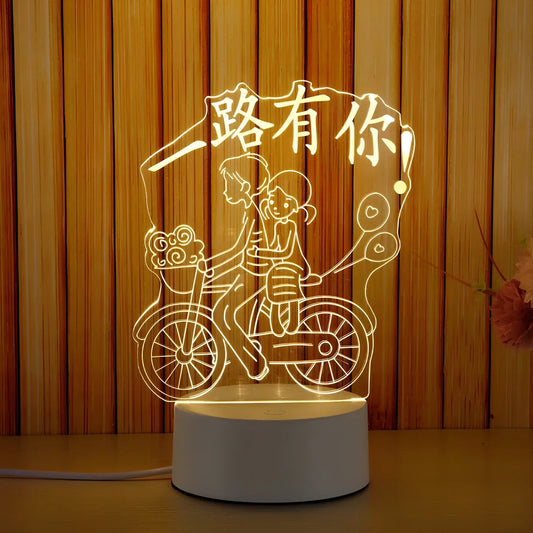 Creative USB bedside night light with acrylic castle scene, 20x17.5cm size, touch control for three light modes