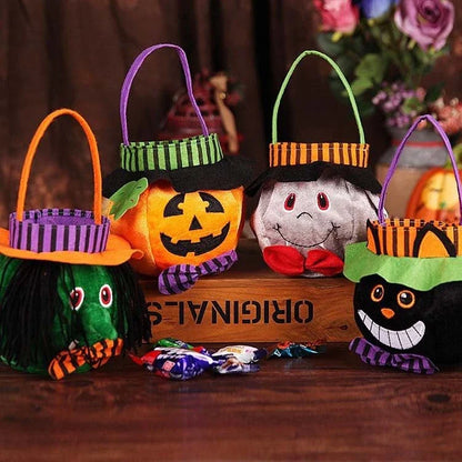 Festive Halloween candy bags with pumpkin and witch designs, great for trick-or-treating or handing out sweets
