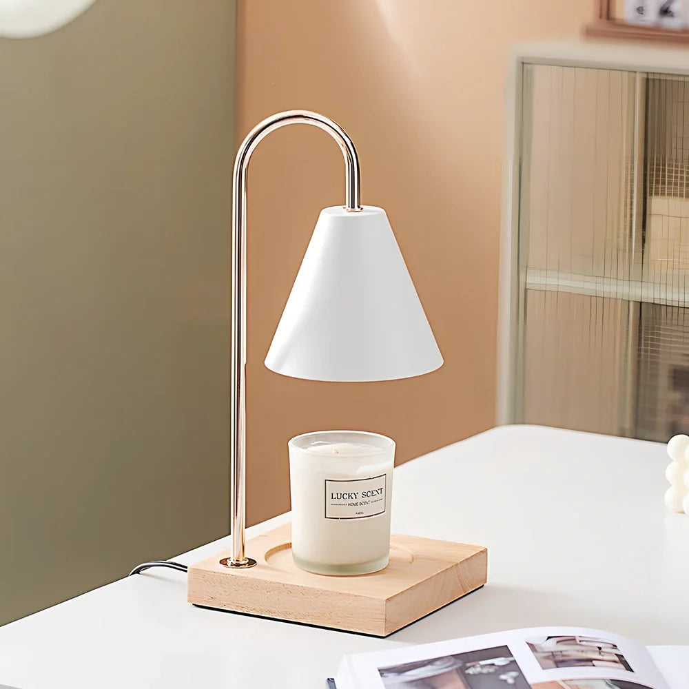 Wooden aromatherapy wax melting lamp with dimmable lighting and iron art metalwork
